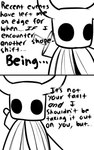 2_horns 2_panel_comic ambiguous_gender biped black_body black_eyes black_text cloak clothing dialogue ellipsis horn melee_weapon nail_(weapon) solo standing talking_to_another text weapon weapon_on_back white_head skeletorskeletonized hollow_knight team_cherry the_knight_(hollow_knight) vessel_(species) 2020 comic digital_media_(artwork) english_text hi_res