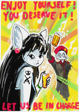 alcohol anthro arm_tattoo armband beer beret beverage black_hair clothing corporal duo female frown fur hair hat headgear headwear looking_at_viewer military_uniform musical_note musical_symbol poster poster_(object) propaganda propaganda_poster shirt smile symbol tank_top tattoo text tired_eyes topwear uniform white_body white_fur white_hair wristband eloisanon far_cry far_cry_4 ubisoft eloisa domestic_cat felid feline felis mammal absurd_res english_text hi_res