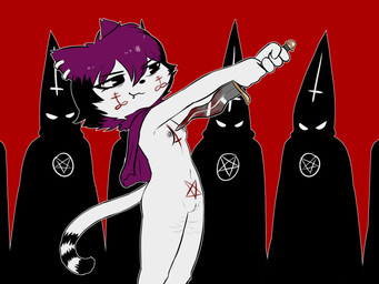 4_fingers anthro between_breasts breasts capelet capelet_only cat_smile clothing cross cult cultist ear_piercing ear_ring eye_bags facial_piercing female fingers fur genitals group imminent_death imminent_violence inverted_cross knife kris_(knife) lip_piercing long_tail markings mostly_nude natural_breasts navel nipple_piercing nipples nude nude_female piercing public public_nudity red_background ring_piercing ritual ritual_sacrifice ritual_suicide robe satanism scar self-harm self-harm_scars simple_background small_breasts smile striped_markings striped_tail stripes suicide tail tail_markings vulva white_body white_fur e254e veronica_(e254e) ambiguous_species domestic_cat felid feline felis mammal 4:3 absurd_res hi_res