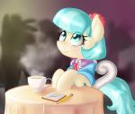 beverage blue_eyes blue_hair clothing coffee collar container cup female feral flower food furniture hair inside multicolored_hair necktie notebook pencil_(object) plant smile solo steam table two_tone_hair pon3splash friendship_is_magic hasbro my_little_pony coco_pommel_(mlp) earth_pony equid equine horse mammal pony 2014 hi_res