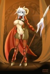 anthro armor breasts cape clothing female genitals holding_object holding_weapon hooves horn legwear melee_weapon mostly_nude nipples polearm pubes pussy solo spear stockings warrior weapon matypup bovid caprine domestic_sheep hair_sheep mammal sheep wiltshire_horn hi_res source_request