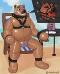 anthro ball_gag bdsm beach beach_chair beard blue_eyes bondage bound brown_body brown_fur chair clothing collar cuff_(restraint) facial_hair fur furniture gag harness latex latex_clothing latex_skinsuit leather leather_cuffs leather_harness leather_strap lock_bulge lock_symbol magic_wand male mature_male mature_sub mustache null_bulge on_chair overweight overweight_anthro overweight_male overweight_sub pool_toy restraints rubber_clothing seaside sitting sitting_on_chair skinsuit solo straps submissive submissive_male table text tight_clothing alebehemut houdinibear bear mammal ursine english_text hi_res