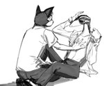 anthro duo male touching_chest querq monotone_blue aoi_(mucknagabe) hachi_(mucknagabe) domestic_cat felid feline felis lizard mammal reptile scalie absurd_res hi_res monochrome