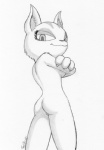 anthro breasts butt crossed_arms female looking_at_viewer nude pose simple_background solo under_boob white_background terdburgler activision skylanders cali_(skylanders) domestic_cat felid feline felis mabu mammal graphite_(artwork) greyscale monochrome signature traditional_media_(artwork)