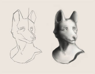 anthro ears_up eyebrows fur looking_forward male sculpture solo white_body white_fur reynard_goodfellow canid canine canis mammal wolf monochrome sketch