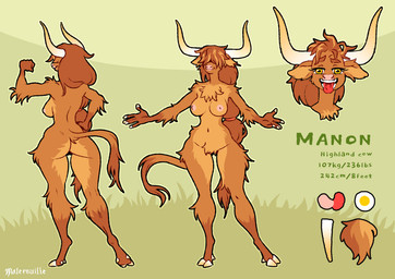 anthro big_breasts breasts butt female fur hair hidden_eyes hooves horn nipples nude nude_female open_mouth orange_body orange_fur simple_background smile solo standing tail teeth text tongue tongue_out conditional_dnp malerouille bovid bovine cattle highland_cattle mammal digital_media_(artwork) english_text model_sheet