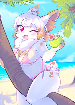 anthro beach beverage bikini bikini_bottom bikini_top breasts chest_tuft clothing cloud day detailed_background drinking_straw female fur holding_beverage holding_object looking_at_viewer one_eye_closed outside palm_tree pink_bikini pink_clothing pink_swimwear plant red_eyes sand smile solo swimwear tail tree tuft two-piece_swimsuit water white_body white_fur pawberry lagomorph leporid mammal rabbit 2025 digital_media_(artwork) hi_res