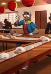 5_fingers anthro clothed clothing detailed_background eyebrows eyelashes fingers food male open_mouth smile sushi teeth tongue fight_(artist) canid canine canis domestic_dog felid feline mammal 2021 digital_media_(artwork) hi_res