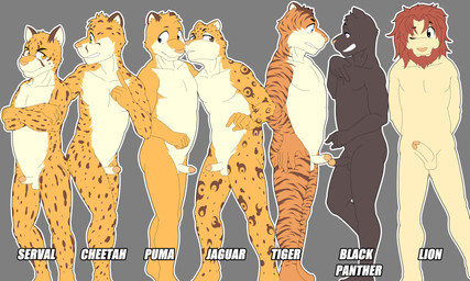 5_fingers anthro balls blue_eyes comparing comparing_penis erection fingers genitals green_eyes grey_background group humanoid_genitalia humanoid_penis male male/male melanistic nude penis simple_background standing yellow_eyes funnybox cheetah cougar felid feline jaguar lion mammal pantherine serval tiger 5:3 absurd_res hi_res