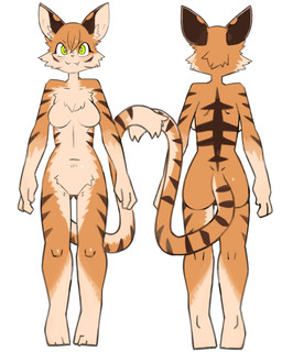 anthro biped breasts brown_body brown_fur cat_smile cat_tail cheek_tuft chest_tuft facial_tuft fangs featureless_breasts featureless_crotch female front_view fur fur_tuft green_eyes head_tuft inner_ear_fluff medium_breasts nude nude_anthro nude_female orange_body orange_fur plantigrade rear_view simple_background slim slim_anthro slim_female solo standing striped_body striped_fur stripes tan_body tan_fur teeth tuft white_background pizademokttero felid mammal pantherine tiger 2025 4:5 absurd_res digital_drawing_(artwork) digital_media_(artwork) hi_res model_sheet