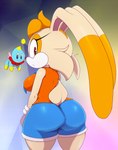 abstract_background aged_up anthro big_butt big_ears bigdon1992 bottomwear bow_tie breasts brown_body brown_eyes brown_fur brown_nose butt butt_pose chao_(sonic) cheek_tuft cheese_the_chao clothing countershade_face countershading cream_the_rabbit digital_media_(artwork) dipstick_ears duo ear_markings exposure_variation eyelashes facial_tuft female floating floppy_ears fur gloves hair handwear hi_res hotpants humanoid lagomorph leporid long_ears looking_at_viewer male mammal multicolored_ears necktie orange_hair pink_inner_ear pose rabbit rear_view scut_tail sega shirt short_hair short_tail shorts side_boob smile sonic_the_hedgehog_(series) tail tan_body tank_top thick_thighs topwear tuft white_body white_countershading