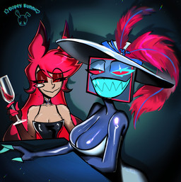 4_fingers abstract_background alcohol animal_ears bedroom_eyes beverage big_breasts black_choker black_clothing black_dress black_hair black_highlights black_jewelry black_lipstick black_necklace blue_body blue_clothing blue_dress blue_eyes blue_skin breasts choker claws cleavage clothed clothing container crossgender cup dress drinking_glass duo electronics eyelashes eyeshadow eyewear female finger_claws fingers for_a_head fur glass glass_container glass_cup glistening glistening_arms glistening_body glistening_breasts glistening_skin hair hat headgear headwear highlights_(coloring) jewelry lipstick long_hair looking_at_viewer makeup monocle mtf_crossgender multicolored_hair narrowed_eyes necklace red_eyes red_eyeshadow red_hair red_sclera screen screen_face seductive sitting smile tan_body tan_fur television text two_tone_hair wine wine_glass dopeybunni hazbin_hotel hellaverse alastor_(hazbin_hotel) vox_(hazbin_hotel) animal_humanoid deer deer_humanoid demon demon_humanoid humanoid mammal mammal_humanoid object_head screen_head tv_head 2026 artist_name digital_drawing_(artwork) digital_media_(artwork) hi_res watermark