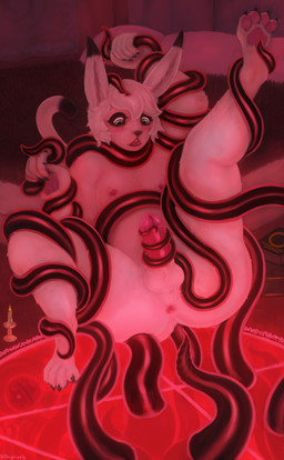 animal_genitalia anthro anus balls bed bedroom black_ear_tips black_tail_tip black_tentacles blue_eyes book butt candle claws curtains digitigrade dipstick_ears dipstick_tail disembodied_eyes ear_markings fur furniture furry_balls genitals hair imminent_anal imminent_sex long_ears looking_down male markings multicolored_ears nipples occult_symbol open_mouth padded_palms penile_spines penis pentagram red_light sheath shocked sigil solo spellbook spread_butt spreading summoning_circle symbol tail tail_markings teeth tentacles tentacles_around_arms tentacles_around_body tentacles_around_legs tentacles_around_neck tentacles_around_penis tentacles_everywhere wall_art white_body white_fur white_hair killergrizzly demon felid feline hybrid lagomorph mammal monster absurd_res hi_res