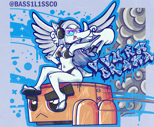 abstract_background anthro bikini black_bikini black_clothing black_swimwear blue_body breasts claws clothed clothed_anthro clothed_female clothing elbow_feathers electronics eyewear feathered_wings feathers feet female finger_claws fingers flip_flops footwear gesture glasses grey_body grey_feathers grey_hair hair hand_gesture headphones humanoid_feet humanoid_hands long_hair medium_breasts motion_lines navel non-mammal_breasts non-mammal_navel plantigrade sandals shoes sitting smile solo swimwear text toes tongue tongue_out two-piece_swimsuit v_sign wings bass1l1ssc0 cavemanon_studios goodbye_volcano_high ko_op_(game_developer) snoot_game fang_(gvh) metal_gear_raymba prehistoric_species pterosaur reptile scalie colored english_text hi_res shaded