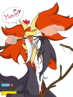 anthro black_body black_fur breath eyelashes female female_symbol fur gender_symbol heart_symbol inner_ear_fluff open_mouth red_body red_fur red_inner_ear_fluff red_nose simple_background solo suggestive_fluid symbol text tongue tongue_out tuft white_background white_body white_fur yellow_body yellow_ears yellow_fur sixtytenfist nintendo pokemon pokemon_legends_z-a generation_9_pokemon mega_delphox mega_evolution pokemon_(species) 2026 3:4 english_text hi_res