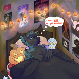 anthro bed bedding bedroom furniture half-closed_eyes holidays lying male narrowed_eyes on_back solo thought_bubble under_covers rainingdeer halloween unknown_species 1:1 hi_res
