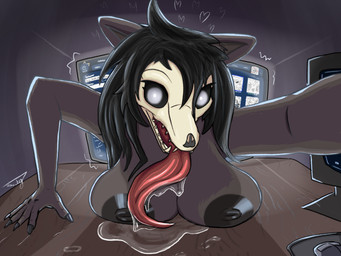 anthro big_breasts black_body black_fur black_hair bodily_fluids bone breasts claws computer_mouse dripping female finger_claws fur furniture hair hand_on_table heart_symbol imminent_sex looking_at_viewer nipples nude reaching_out reaching_towards_viewer saliva saliva_drip saliva_on_tongue screen skull skull_head solo table tongue tongue_out tcg_(artist) scp_foundation mal0 scp-1471-a canid canine malo mammal 4:3 absurd_res digital_media_(artwork) hi_res