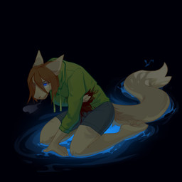 anthro black_background blood blue_eyes bodily_fluids bottomwear breath brown_hair clothed clothing ears_back female fur green_clothing green_hoodie green_topwear grey_bottomwear grey_clothing grey_pants hair hoodie kneeling mouth_closed pants pivoted_ears simple_background solo tan_body tan_fur three-quarter_view topwear unsigned wounded corzh77 species_request 1:1 absurd_res full-length_portrait hi_res portrait