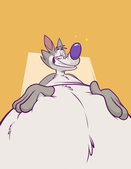 4_fingers anthro bedroom_eyes belly belly_tuft big_belly chest_tuft countershading fingers fur grey_body grey_fur hand_on_belly lidded_eyes looking_at_viewer looking_down male mascot morbidly_obese narrowed_eyes obese obese_anthro obese_male open_mouth orange_background overweight overweight_anthro overweight_male perspective purple_nose seductive simple_background smile solo sparkles teeth tuft remmyfox cookie_crisp general_mills chip_the_wolf canid canine canis mammal wolf absurd_res hi_res