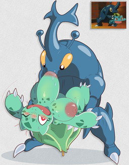 anthro anthro_on_anthro areola big_areola big_breasts blush bodily_fluids breasts carrying_another duo female forced male male/female nectar nipple_fetish nipple_play nipple_suck nipples nude pink_nipples plant size_difference struggling_to_get_out sucking sweat meatboom nintendo pokemon arthropod beetle bulbasaur elemental_creature flora_fauna generation_1_pokemon generation_2_pokemon heracross insect pokemon_(species) scalie hi_res reference_image