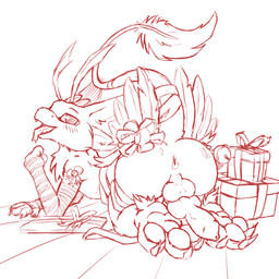 anthro anus ass_up balls bell blush blush_lines box container feathers genitals gift_box knot knotted_penis male pawpads paws penis solo tail tongue tongue_out vikas vikas_avali avali 1:1 hi_res sketch