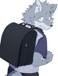 anthro backpack band-aid band-aid_on_arm bandage black_backpack bottomwear clothing collar grey_hair hair looking_at_viewer looking_back looking_back_at_viewer male red_collar shirt simple_background solo tail topwear white_background worried young young_anthro young_male sakehabera canid canine canis mammal wolf 2025 hi_res