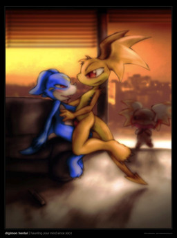 ambiguous_gender anthro blue_body blue_skin female furniture genitals group head_wings male membrane_(anatomy) membranous_wings nude penis red_eyes sofa tail text unusual_wing_placement wings young darkdoomer bandai_namco digimon patachu calumon digimon_(species) patamon veemon english_text hi_res source_request