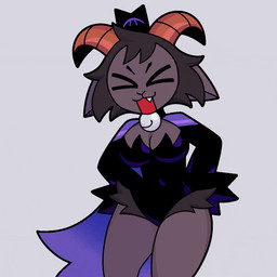 anthro bell black_hair breasts cape choker choker_bell cleavage cloak clothed clothing crown dancing ears_down eyes_closed female grey_body hair headgear horn jewelry leotard necklace open_mouth pivoted_ears sharp_teeth teeth krinjuicy cult_of_the_lamb massive_monster_(studio) goat_(cult_of_the_lamb) bovid caprine goat mammal 1:1 animated colored