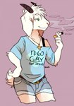 anthro belt bottomwear bulge cigarette clothing femboy green_eyes horn hotpants male minishorts shirt shorts smile smoke solo text text_on_clothing text_on_shirt text_on_t-shirt text_on_topwear topwear pandx bovid caprine goat mammal english_text hi_res