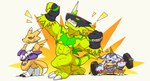 abs anthro claws dumbbell female flexing fur grin group horn male muscular muscular_anthro muscular_male pecs smile trio weights yellow_body yellow_fur dahecksajerry bandai_namco digimon bulkmon canid digimon_(species) gabumon mammal renamon