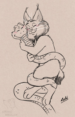 3_toes 4_fingers anthro cheek_tuft duo eyes_closed facial_tuft fangs feet feral fingers fluffy fluffy_ears fluffy_tail fur hug male male/male nude smile smiley_face tail teeth toes tuft whiskers adriano_berjillos disney zootopia gary_de'snake pawbert_lynxley felid feline lynx mammal reptile scalie snake viper hi_res