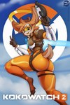 5_fingers anthro antlers butt clothed clothing cosplay eyewear female fingers gesture gun halo hand_gesture holding_gun holding_object holding_ranged_weapon holding_weapon hooves horn ranged_weapon solo v_sign weapon kokoni blizzard_entertainment overwatch kokoni_(character) tracer_(overwatch) deer mammal 2022 2:3 absurd_res digital_media_(artwork) hi_res