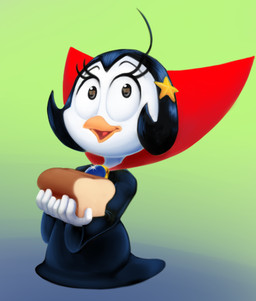 anthro beak black_hair bread cloak clothing female food gradient_background hair looking_at_viewer open_mouth simple_background solo tongue billboi disney donald_duck_(comics) topolino_(disney) princess_reginella anatid anseriform avian bird duck 2021 shaded