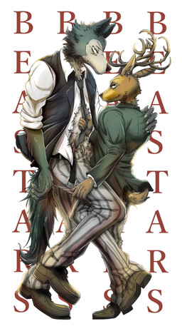 5_fingers abstract_background anthro antlers belt biped bottomwear brown_body brown_clothing brown_footwear brown_fur brown_shoes claws clothing duo fingers footwear fur grey_body grey_fur horn looking_at_viewer male male/male necktie pants pattern_bottomwear pattern_clothing pattern_pants shoes simple_background size_difference striped_bottomwear striped_clothing striped_pants stripes text kemonoharu beastars legoshi_(beastars) louis_(beastars) canid canine canis cervine deer mammal red_deer wolf 2025 digital_media_(artwork) hi_res