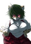 4_fingers alternate_species anthro big_breasts breasts chest_tuft clothed clothing female fingers fur furrification glowing glowing_eyes green_hair hair looking_at_viewer markings pawpads red_eyes simple_background solo spots spotted_body spotted_fur tuft white_background koishi_chikasa cookie_(touhou) touhou akira_(cookie) yuuka_kazami cheetah felid feline mammal absurd_res hi_res