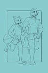 2023 absurd_res anthro athletic_wear black_and_blue bodily_fluids bottomwear canid canine canis chest_tuft clothing collar cover_art dipstick_tail duo exercise fox fur fur_markings gym_bottomwear gym_shorts hi_res howl_(shikokubo) jasper_(shikokubo) male mammal markings monochrome open_mouth running shikokubo shirtless shorts simple_background sketch sketch_page sweat sweatdrop tail tail_markings teal_background tuft wolf workout