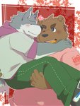 5_fingers anthro blush brown_body brown_fur carrying_another clothing duo eyes_closed fingers fur heart_symbol humanoid_hands kemono male plantigrade shirt slightly_chubby topwear green_bell inakamichi bear canid canine mammal 2020 hi_res