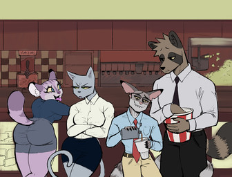 alcohol anthro beverage bottomwear butt clothed clothing collared_shirt crossed_arms dress_shirt eating eyelashes eyewear fangs female flask food furgonomics glasses group grumpy half-closed_eyes inner_ear_fluff khakis male markings movie_theater muscular muscular_anthro muscular_male narrowed_eyes necktie notched_ear office_clothing popcorn raised_tail ring_(marking) ringed_tail shirt skirt smile smirk smug smug_face smug_grin striped_markings striped_tail stripes tail tail_markings tail_through_skirt teeth theater tight_clothing tongue tongue_out topwear tuft eebahdeebah aniya_(eebahdeebah) gennie_(eebahdeebah) kubo_(eebahdeebah) niko_(eebahdeebah) bassariscus cacomistle canid canine domestic_cat felid feline felis mammal procyonid raccoon_dog tanuki digital_media_(artwork) hi_res