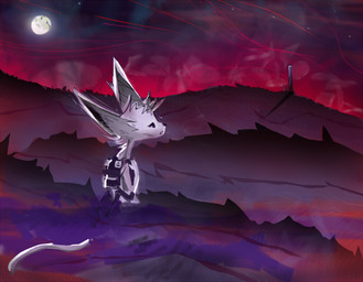 anthro backpack detailed_background fur grass male moon night outside plant sky solo white_body white_fur naircat domestic_cat felid feline felis mammal 2014 painting_(artwork)
