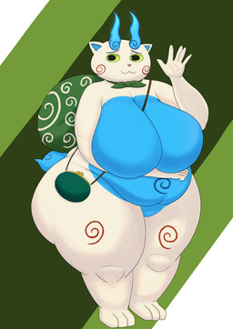 anthro belly big_breasts big_butt blue_belly breasts butt coin_pouch coin_purse colored_fire crossgender featureless_breasts featureless_crotch female fire green_background green_eyes huge_butt logo markings pattern_background pink_nose rear_view simple_background slightly_chubby slightly_chubby_female solo swirl_pattern thick_thighs white_background white_body wide_hips pencilsquire asian_mythology east_asian_mythology japanese_mythology level-5 mythology yo-kai_watch komasan canid canine foo_dog komainu mammal spirit yokai absurd_res hi_res