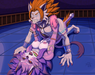 abs anthro black_sclera bracelet breasts brown_hair butt claws clenched_teeth clothing duo ear_piercing ear_ring eyes_closed female from_front_position fur grey_body grey_fur hair jewelry lying male male/female missionary_position muscular navel necklace nipples nude on_back open_mouth open_smile orange_eyes paws piercing pupils purple_body purple_fur purple_hair rear_view ring_piercing sex side_boob slit_pupils smile taunting teeth topwear vest white_body white_fur sacrificabominat mana_(series) square_enix trials_of_mana belladonna_(trials_of_mana) kevin_(trials_of_mana) canid canine canis felid lion mammal pantherine wolf absurd_res hi_res