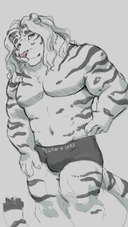 abs anthro black_clothing black_underwear bulge clothing green_eyes hair looking_at_viewer male mostly_nude muscular muscular_male navel solo striped_body stripes tail text underwear white_body white_hair noviraine felid mammal pantherine tiger english_text