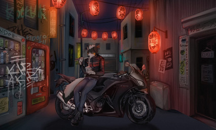 alley anthro boots clothing door eating food footwear jacket lamp lantern machine male motorcycle night paper_lantern shoes solo tail text topwear vandalism vehicle vending_machine kirkir canid canine canis mammal wolf 2019 digital_drawing_(artwork) digital_media_(artwork) japanese_text signature