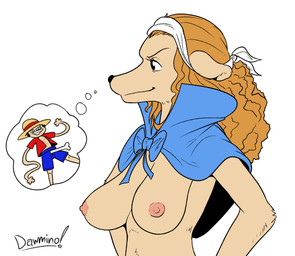 anthro black_hair bone breasts cape clothed clothing fantasizing female fur hair hands_on_hips hat headgear headwear humor male mostly_nude nipples orange_hair pun sagging_breasts simple_background smile solo suggestive tan_body tan_fur thought_bubble topless visual_pun white_background dawmino one_piece monkey_d._luffy wanda_(one_piece) canid canine canis domestic_dog human mammal minkmen_(one_piece) 2016 digital_media_(artwork) half-length_portrait hi_res portrait