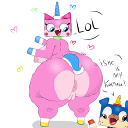 anthro anus bent_over big_breasts big_butt blue_tail bodily_fluids breasts butt collar female fur genitals green_collar happy heart_symbol horn huge_butt looking_back looking_down male open_mouth pink_body pink_fur rear_view simple_background solo speech_bubble spiked_collar spikes tail text thick_thighs two_tone_tail unicorn_horn vulva white_background white_tail wide_hips joy_(artist) cartoon_network lego the_lego_movie unikitty! puppycorn unikitty canid canine canis domestic_cat domestic_dog felid feline felis mammal 1:1 2025 artist_name english_text hi_res