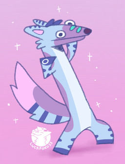 anthro blue_body blue_fur blue_hair cheek_tuft chibi facial_tuft fur hair male pink_background pink_body pink_fur purple_body purple_fur simple_background solo sparkles tuft wide_eyed conditional_dnp luckfoxo33 toothless_dancing tolng canid canine fox mammal hi_res meme andromorph_(lore) trans_(lore) trans_man_(lore)