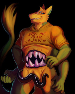 anthro belly_mouth blue_eyes chest_mouth clothing ears_up genitals looking_at_viewer male multi_arm multi_eye multi_limb multicolored_body smile smiling_at_viewer solo tail teeth teeth_showing tentacles text text_on_clothing vulva arrow_owlet gemini_the_sergal monster sergal 4:5 hi_res
