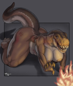 all_fours anthro areola big_breasts biped bodily_fluids breasts brown_body butt claws dripping feet female finger_claws fingers fire humanoid_feet humanoid_hands nipples non-mammal_breasts non-mammal_nipples nude nude_anthro nude_female plantigrade saliva saliva_drip scar shadow sharp_teeth slightly_chubby slightly_chubby_anthro slightly_chubby_female solo tail tan_body teeth text thick_thighs toes wide_hips mr.carno turok mama_scarface dinosaur prehistoric_species reptile saurischian scalie theropod tyrannosaurid tyrannosauroid tyrannosaurus tyrannosaurus_rex 2025 artist_name colored hi_res shaded