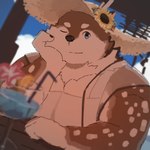 1:1 anthro antlers blue_eyes brown_body brown_fur clothing deer flower fur furniture hat headgear headwear hi_res horn kazusa male mammal markings one_eye_closed overweight plant solo spots spotted_body spotted_fur straw_hat sunflower table tamacolle umbrella unchira_occhira wink