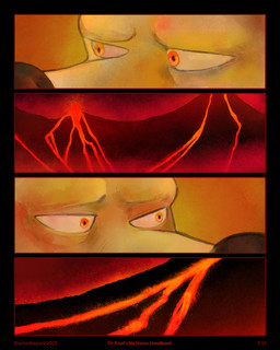 anthro black_border border eruption lava looking_away orange_eyes red_sky sky solo volcanic_eruption volcano worried sharkinthepark rowel_(sharkinthepark) canid canine fox mammal 2025 4:5 absurd_res comic hi_res male_(lore)